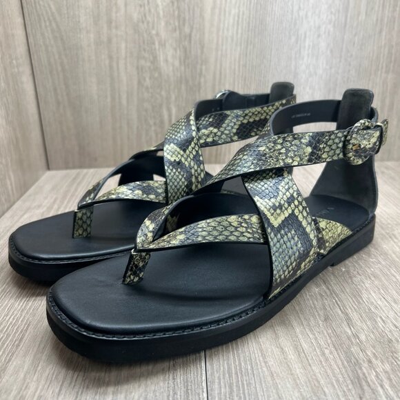Vince Morris Strappy Flat Sandals 10M Snake Skin Ankle Strap Leather Green Black - Picture 3 of 14